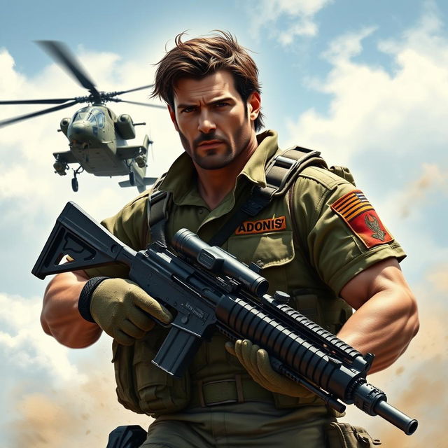 A powerful warrior depicted in an action pose, carrying a machine gun with an Apache helicopter flying close beside him, creating a dynamic military scene