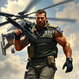 A powerful warrior depicted in an action pose, carrying a machine gun with an Apache helicopter flying close beside him, creating a dynamic military scene