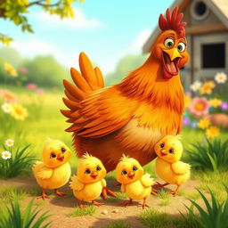 A charming, animated scene featuring a lively hen accompanied by five adorable chicks