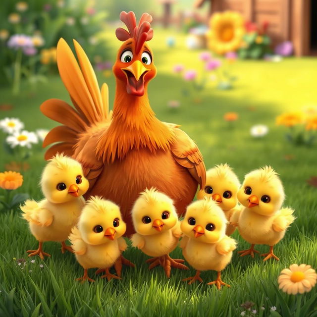 A charming, animated scene featuring a lively hen accompanied by five adorable chicks