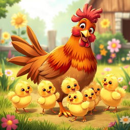 A charming, animated scene featuring a lively hen accompanied by five adorable chicks