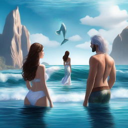 A high-quality digital art image featuring a human girl with brown hair and a merman with white hair and tail, standing back to back in the ocean