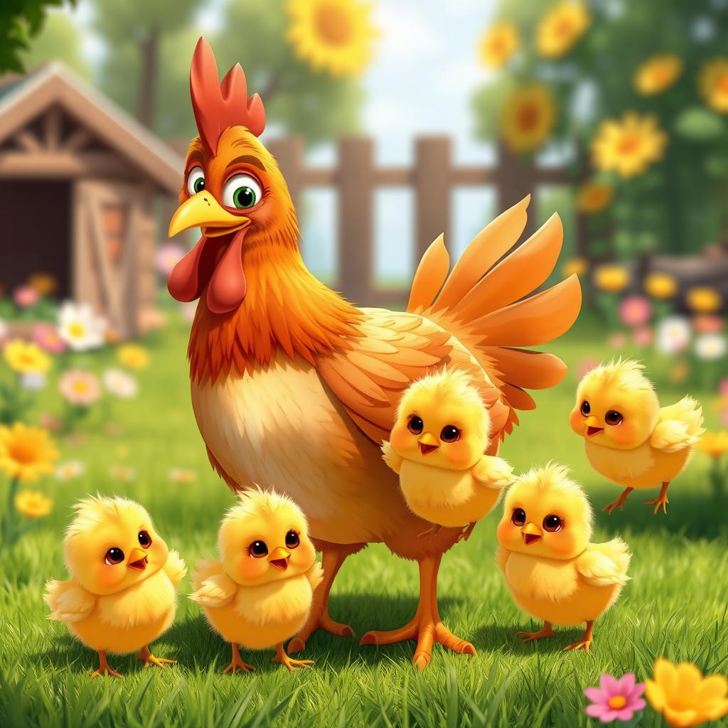 A charming, animated scene featuring a lively hen accompanied by five adorable chicks