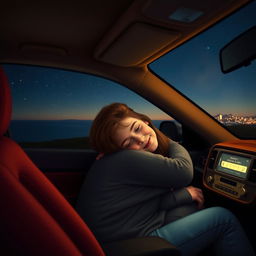 A warm and intimate nighttime scene inside a car featuring a boy and girl