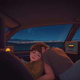 A warm and intimate nighttime scene inside a car featuring a boy and girl