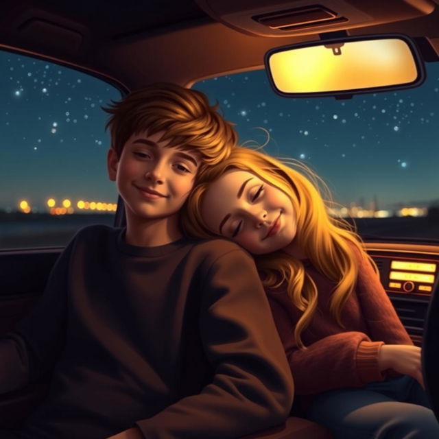 A warm and intimate nighttime scene inside a car featuring a boy and girl