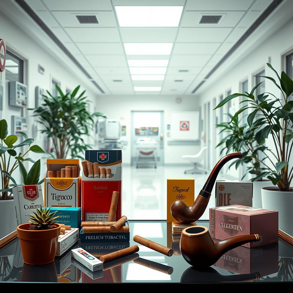 An artistic representation of a hospital setting with various tobacco products displayed openly