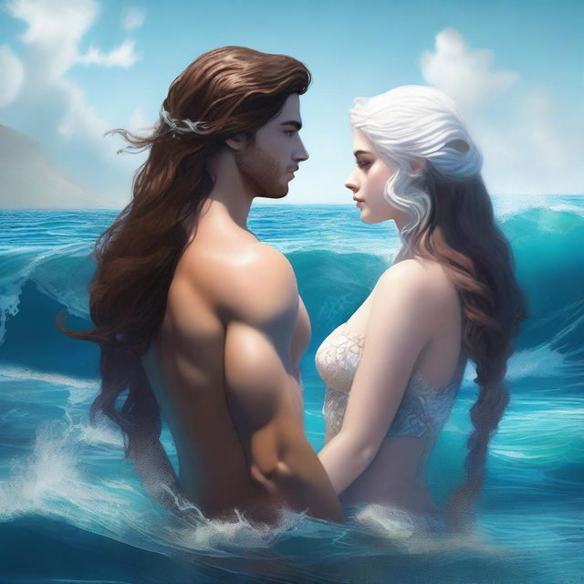 A high-quality digital art image featuring a human girl with brown hair and a merman with white hair and tail, standing back to back in the ocean