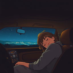 A warm and intimate nighttime scene inside a car featuring a boy and girl