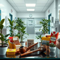 An artistic representation of a hospital setting with various tobacco products displayed openly