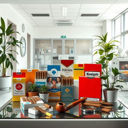 An artistic representation of a hospital setting with various tobacco products displayed openly