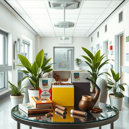 An artistic representation of a hospital setting with various tobacco products displayed openly