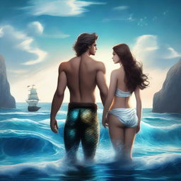 A high-quality digital art image featuring a human girl with brown hair and a merman with white hair and tail, standing back to back in the ocean