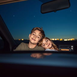 A charming nighttime scene inside a vehicle featuring a boy and girl