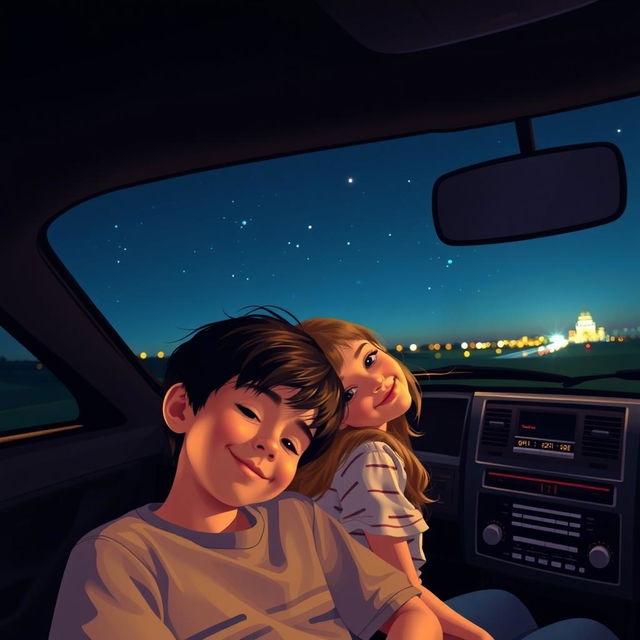 A charming nighttime scene inside a vehicle featuring a boy and girl