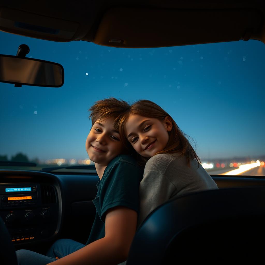 A charming nighttime scene inside a vehicle featuring a boy and girl