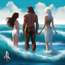 A high-quality digital art image featuring a human girl with brown hair and a merman with white hair and tail, standing back to back in the ocean