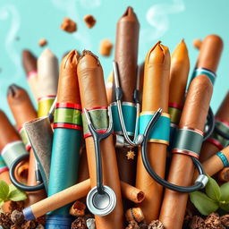 A whimsical scene featuring a variety of colorful tobacco products, including cigars and cigarettes, each adorned with stethoscopes draped over them