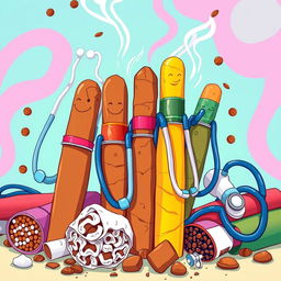 A whimsical scene featuring a variety of colorful tobacco products, including cigars and cigarettes, each adorned with stethoscopes draped over them