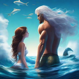 A high-quality digital art image featuring a human girl with brown hair and a merman with white hair and tail, standing back to back in the ocean