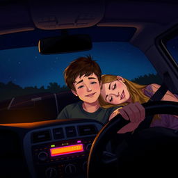 A cozy scene inside a car at night, featuring a boy driving with a relaxed expression