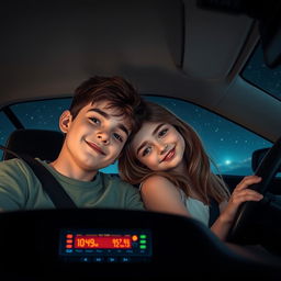 A cozy scene inside a car at night, featuring a boy driving with a relaxed expression