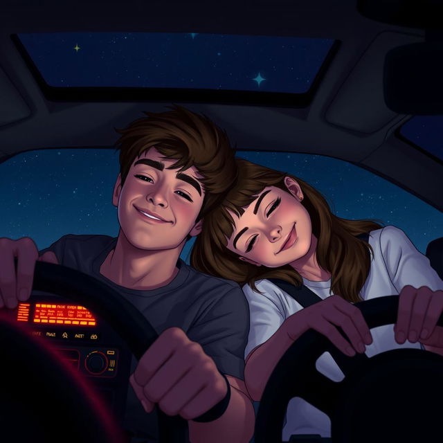 A cozy scene inside a car at night, featuring a boy driving with a relaxed expression