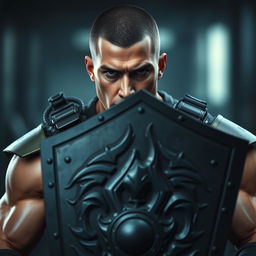 A serious male soldier, inspired by a superhero character, holding a large shield in front of him