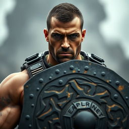 A serious male soldier, inspired by a superhero character, holding a large shield in front of him