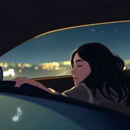 A boyfriend driving a car at night, with the girl resting her head on his shoulder