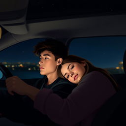 A boyfriend driving a car at night, with the girl resting her head on his shoulder