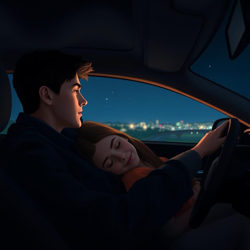 A boyfriend driving a car at night, with the girl resting her head on his shoulder