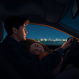 A boyfriend driving a car at night, with the girl resting her head on his shoulder