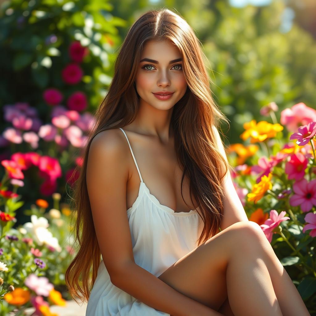 A hyper-realistic portrait of a beautiful young woman with long, flowing brunette hair, sitting gracefully in a sunlit garden filled with vibrant flowers