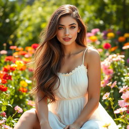 A hyper-realistic portrait of a beautiful young woman with long, flowing brunette hair, sitting gracefully in a sunlit garden filled with vibrant flowers