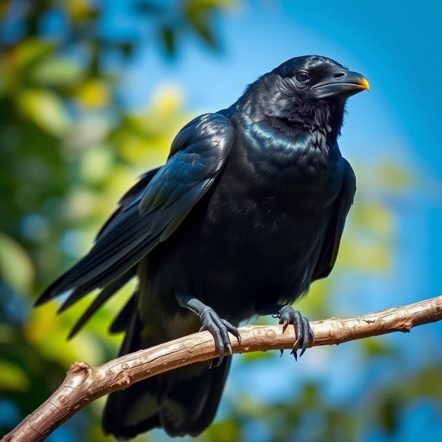 A striking image of a black crow perched elegantly on a branch, showcasing its glossy feathers