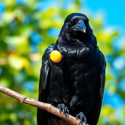 A striking image of a black crow perched elegantly on a branch, showcasing its glossy feathers