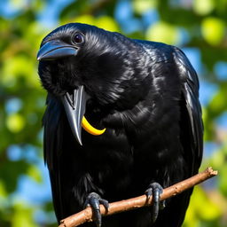 A striking image of a black crow perched elegantly on a branch, showcasing its glossy feathers