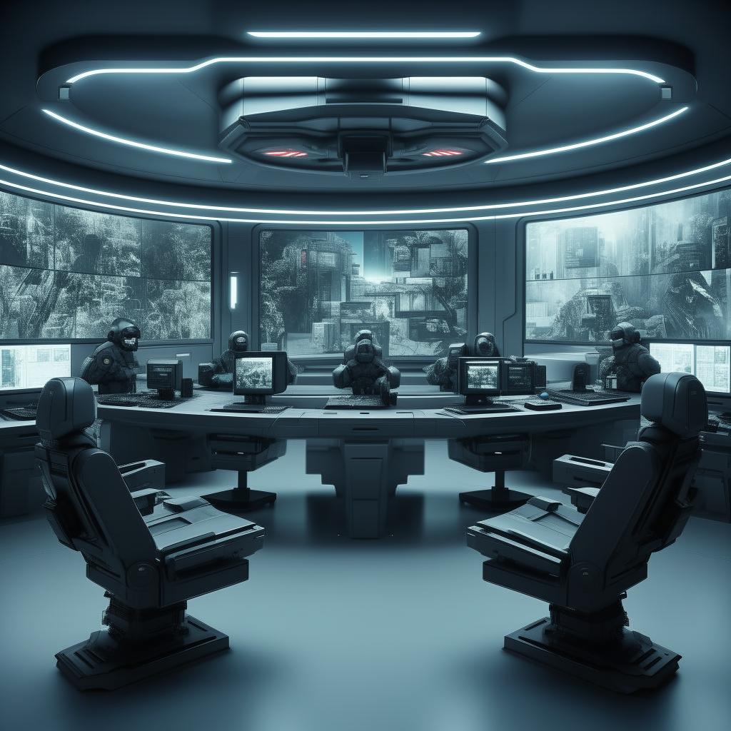 futuristic SWAT control room  with 5 chairs at console and 1 detached chair at separate screen  based on https://files.dreamhome.software/files/static/36651