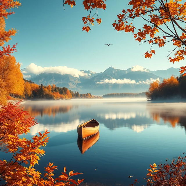 A serene autumn landscape featuring a calm lake surrounded by vibrant fall foliage