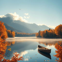 A serene autumn landscape featuring a calm lake surrounded by vibrant fall foliage