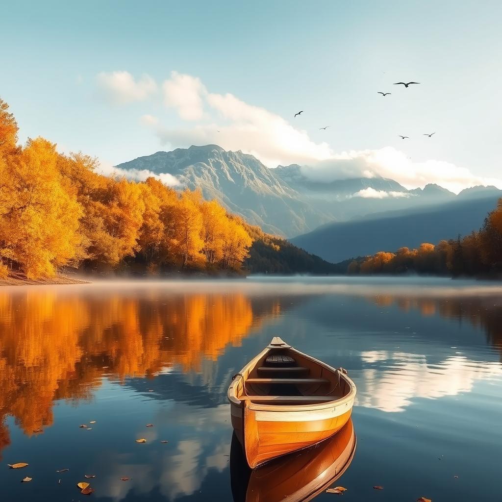 A serene autumn landscape featuring a calm lake surrounded by vibrant fall foliage