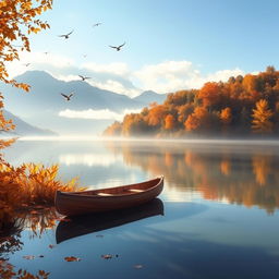 A serene autumn landscape featuring a calm lake surrounded by vibrant fall foliage