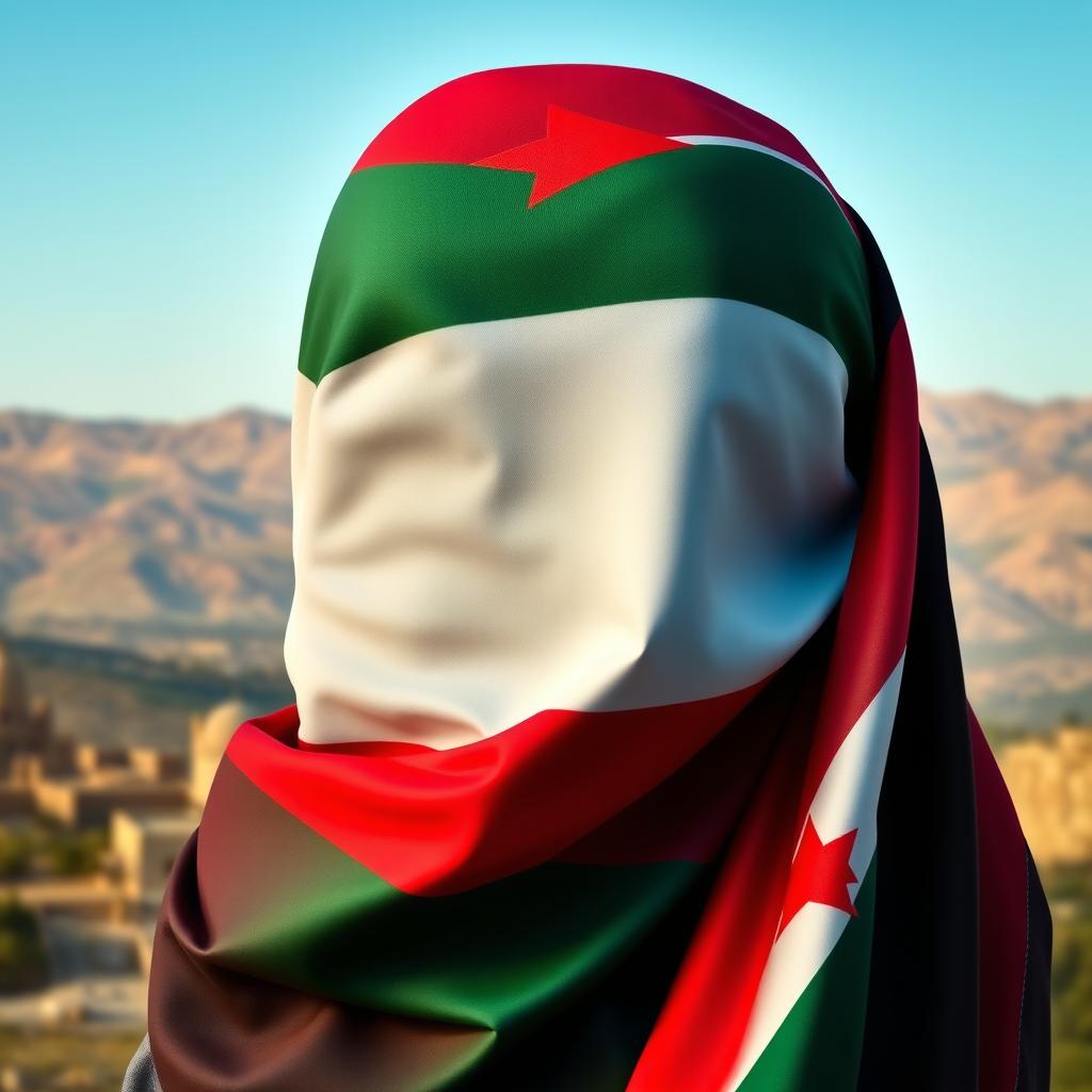 A beautifully realistic image capturing the essence of Jordanian pride, featuring the Jordanian flag with its distinct seven-pointed star, elegantly draped alongside a traditional Jordanian 'ghutrah' (head scarf)