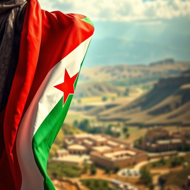 A beautifully realistic image capturing the essence of Jordanian pride, featuring the Jordanian flag with its distinct seven-pointed star, elegantly draped alongside a traditional Jordanian 'ghutrah' (head scarf)