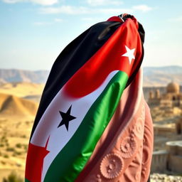A beautifully realistic image capturing the essence of Jordanian pride, featuring the Jordanian flag with its distinct seven-pointed star, elegantly draped alongside a traditional Jordanian 'ghutrah' (head scarf)