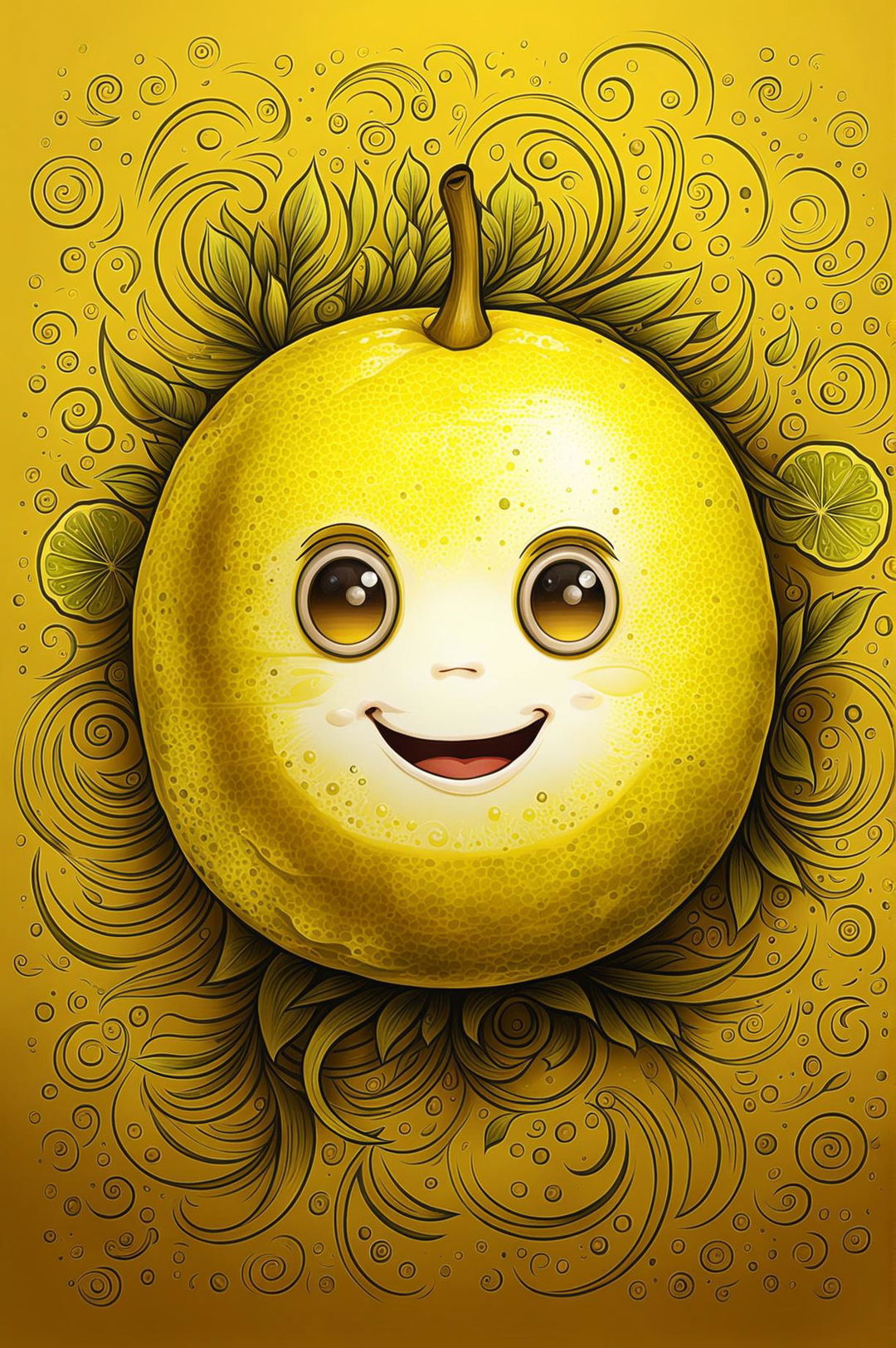 This is a high-quality digital art illustration of a cute, anthropomorphized lemon, surrounded by intricate patterns and designs