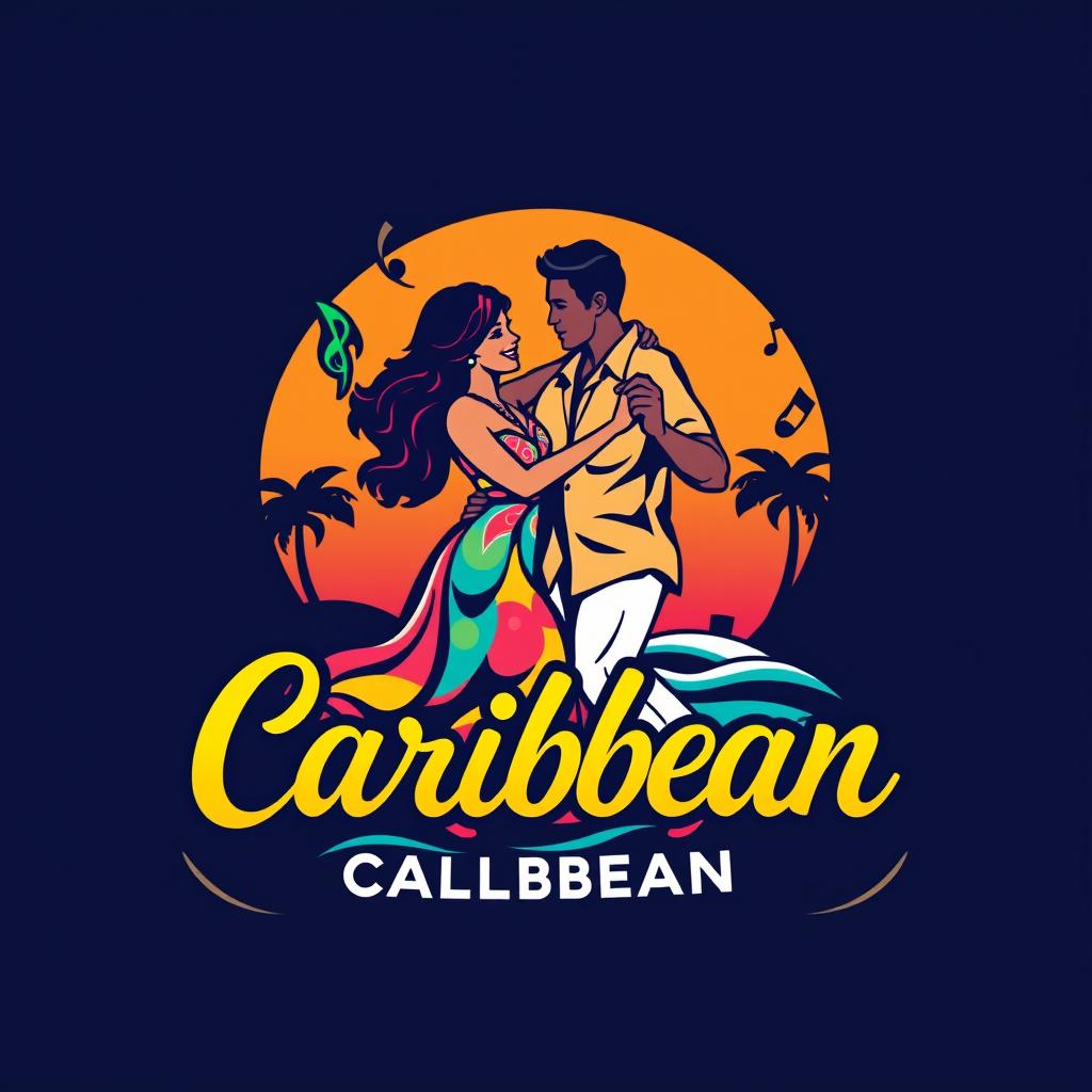 A vibrant Caribbean logo design featuring a lively couple dancing together