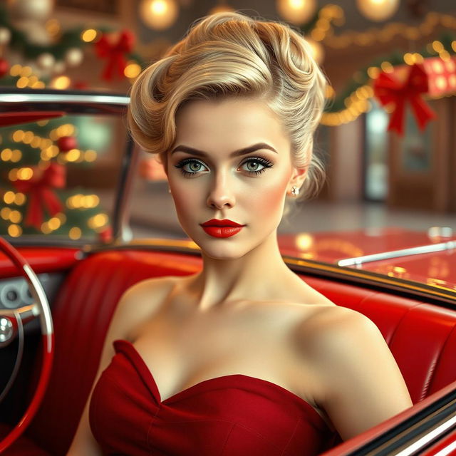 A young woman from the 1950s, elegant and sweet, sitting inside a vintage red convertible in a Christmas-themed environment with retro-futuristic design inspired by the 1950s