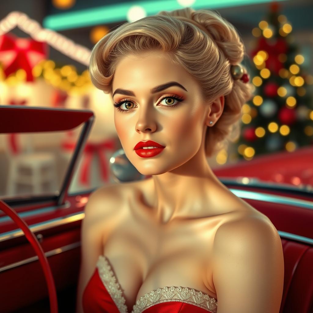 A young woman from the 1950s, elegant and sweet, sitting inside a vintage red convertible in a Christmas-themed environment with retro-futuristic design inspired by the 1950s